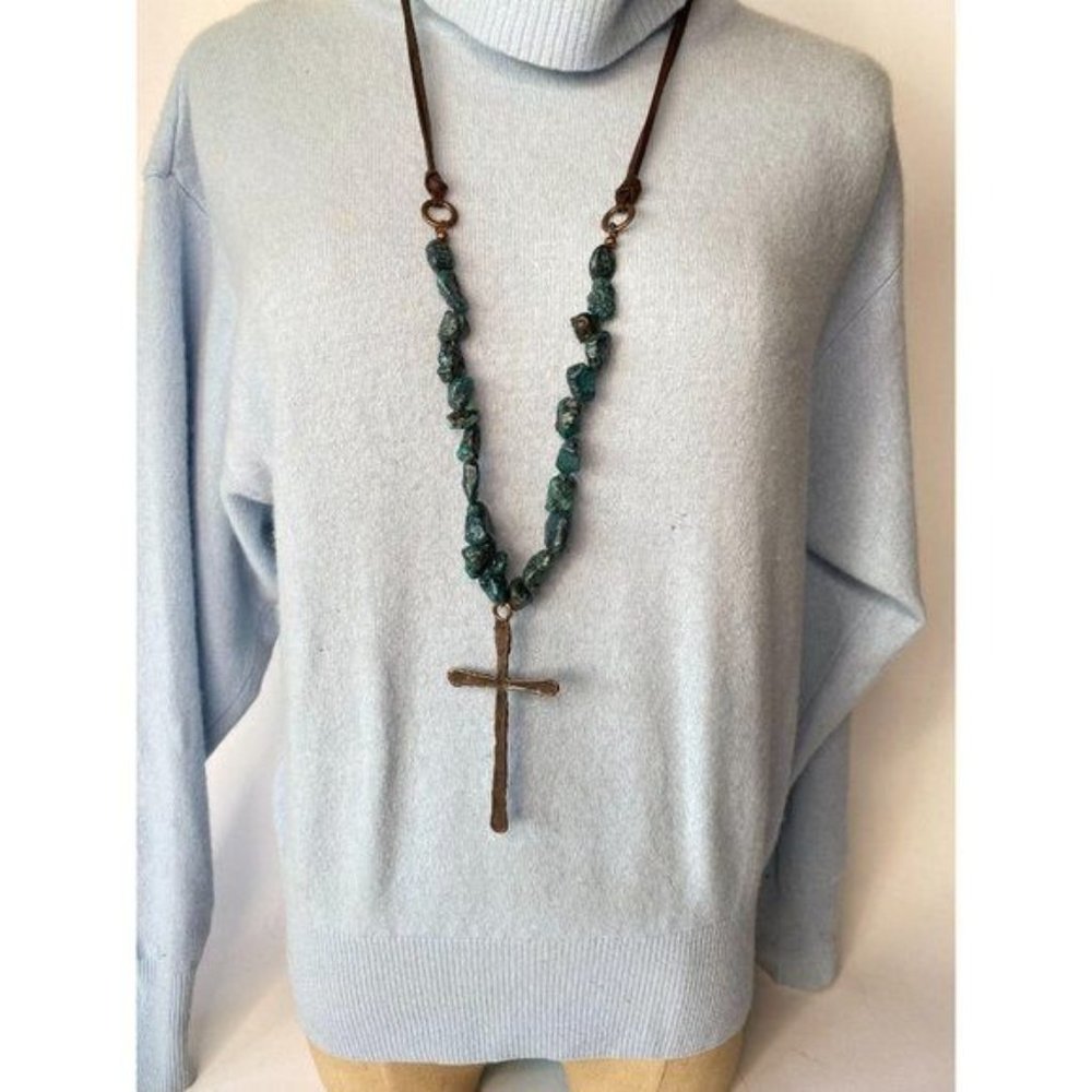 Rustic Stone Copper Cross Necklace on Leather 24 Inch Length